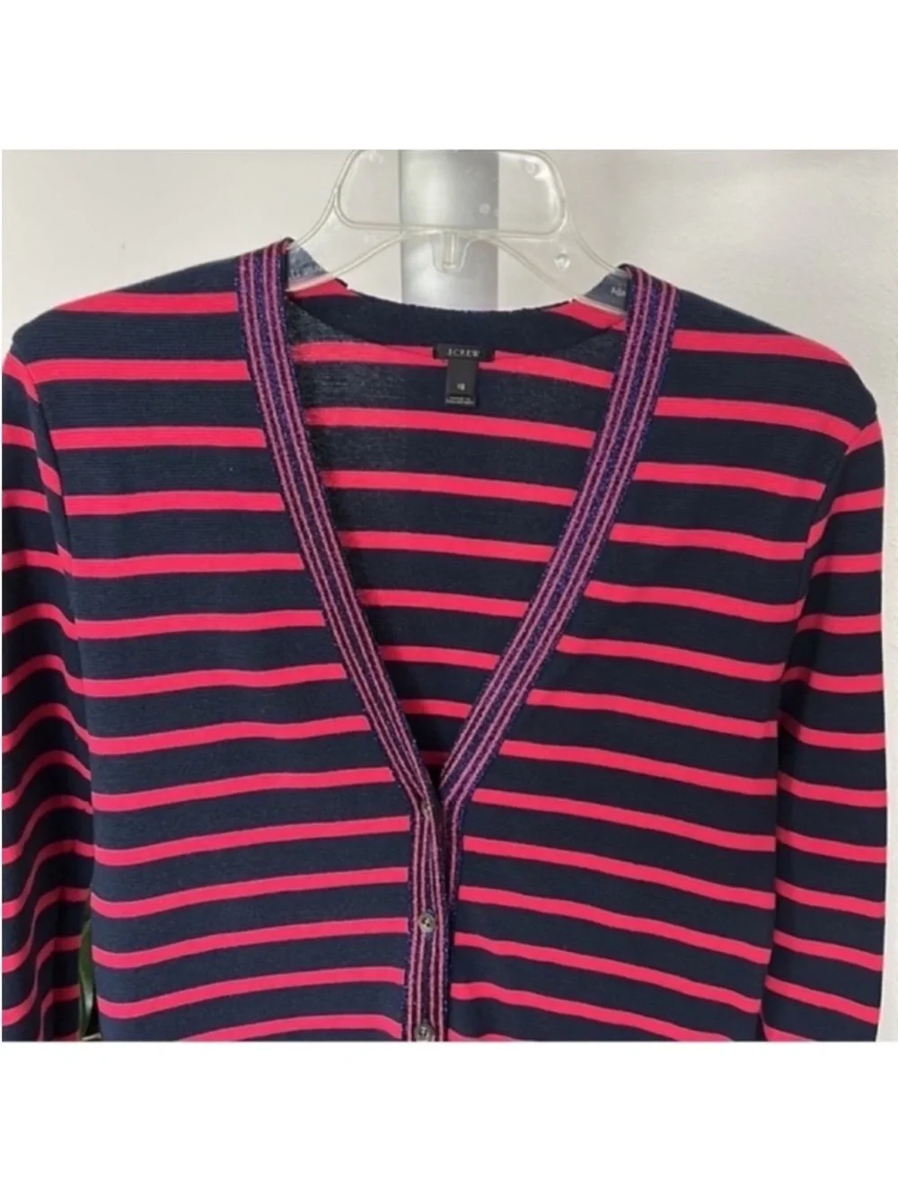 J. Crew Metallic-Trim Striped Cardigan Sweater Sz XS Navy Blue Red Buttoned